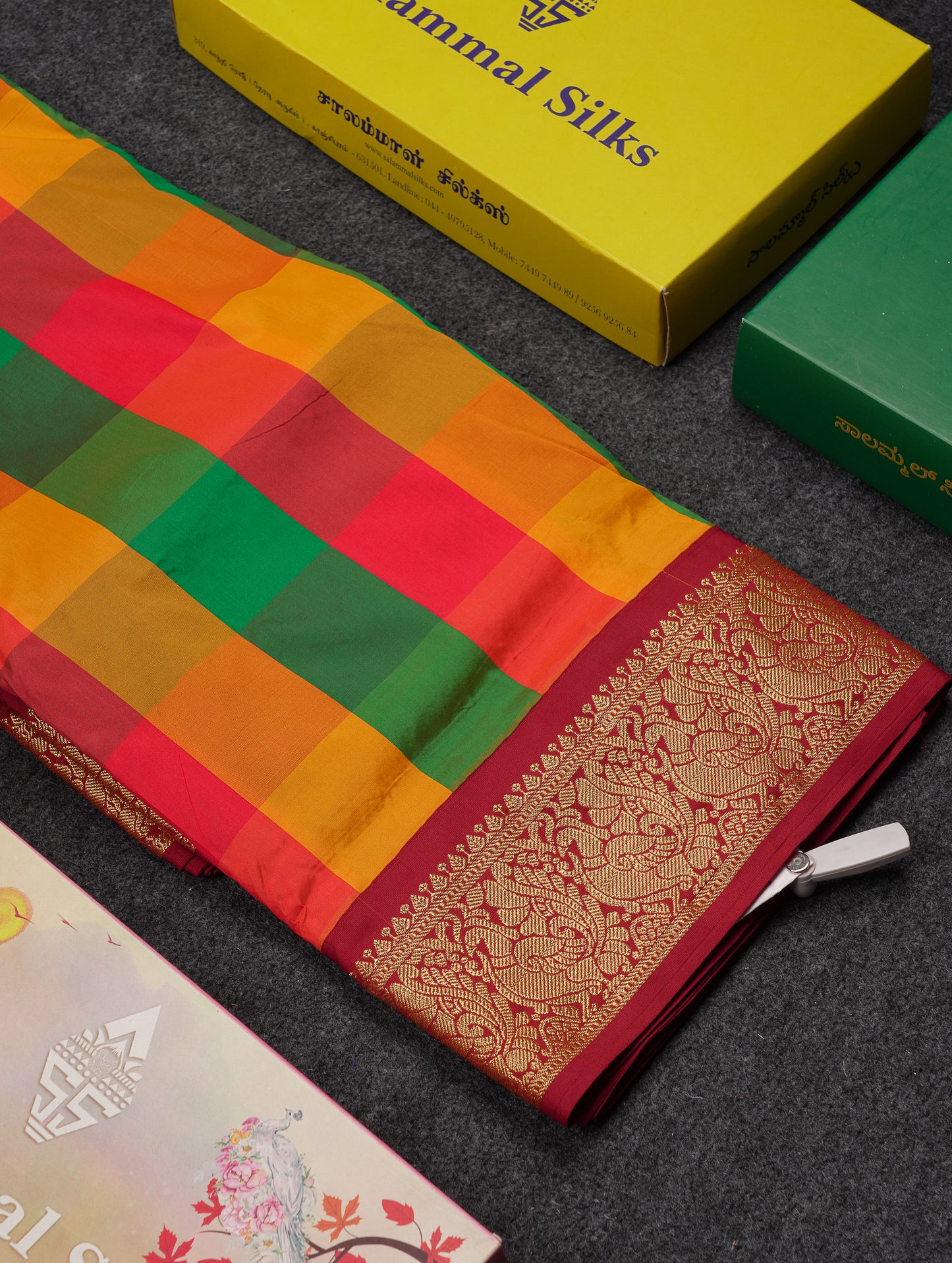 9 Yards Semi Silk Saree Paalum Pazham Checks With Contrast Maroon Traditional Border
