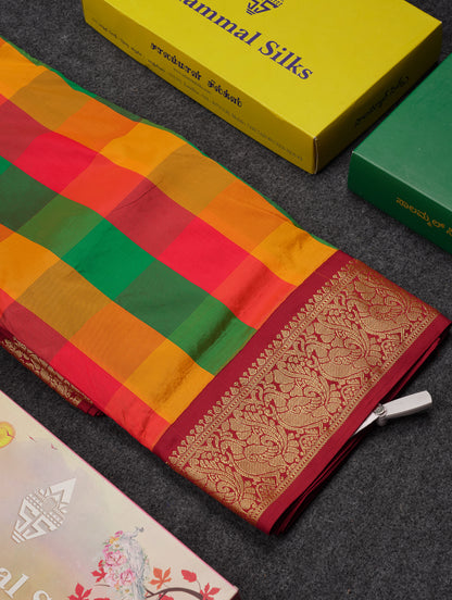 9 Yards Semi Silk Saree Paalum Pazham Checks With Contrast Maroon Traditional Border