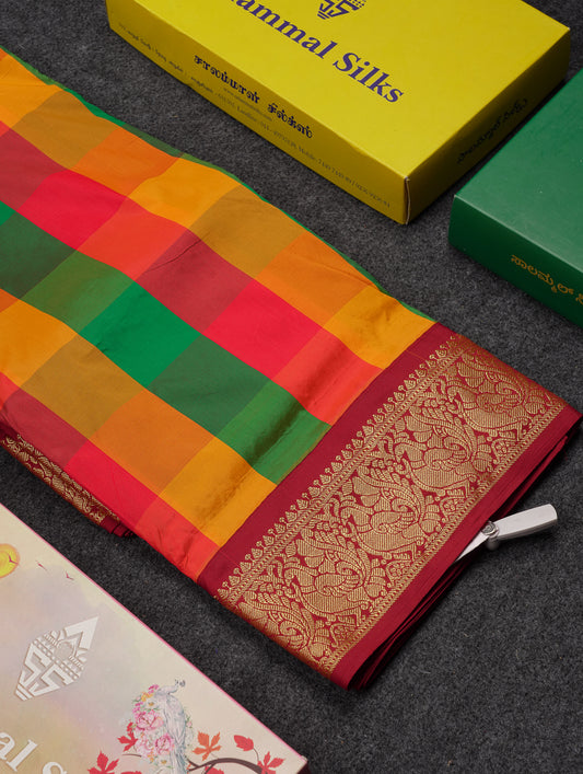 9 Yards Semi Silk Saree Paalum Pazham Checks With Contrast Maroon Traditional Border