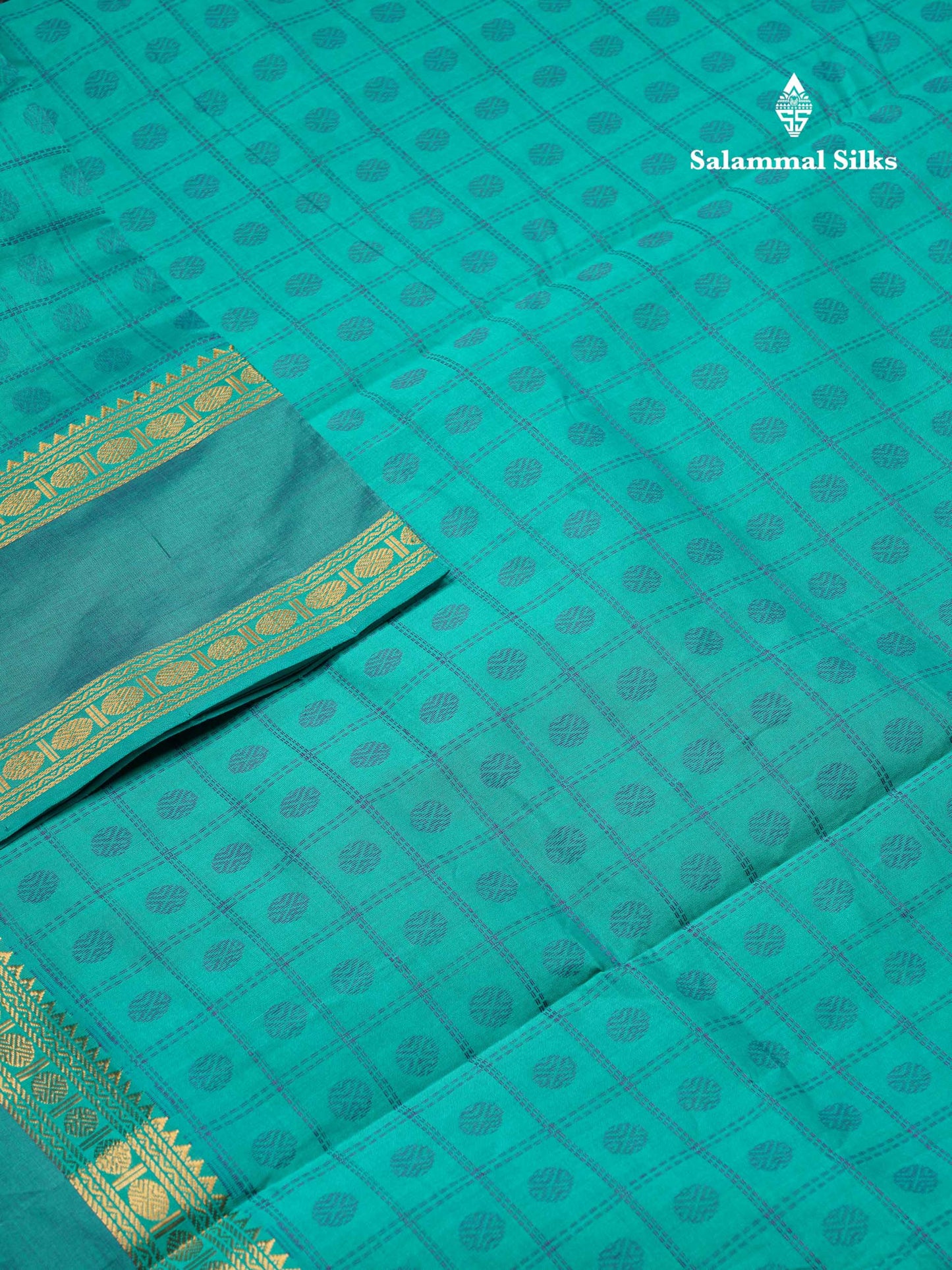 Beautiful Sapphire Green Checks With Butta Semi Silk Cotton Saree With Traditional Rettapet Border