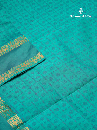 Beautiful Sapphire Green Checks With Butta Semi Silk Cotton Saree With Traditional Rettapet Border
