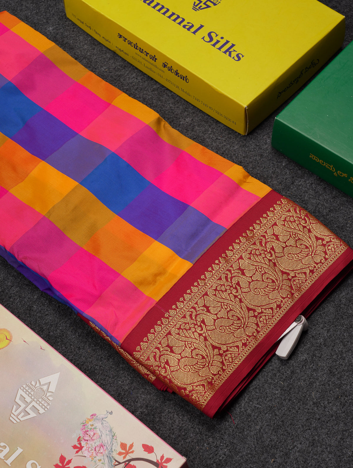 9 Yards Semi Silk Saree Paalum Pazham Checks With Contrast Maroon Traditional Border