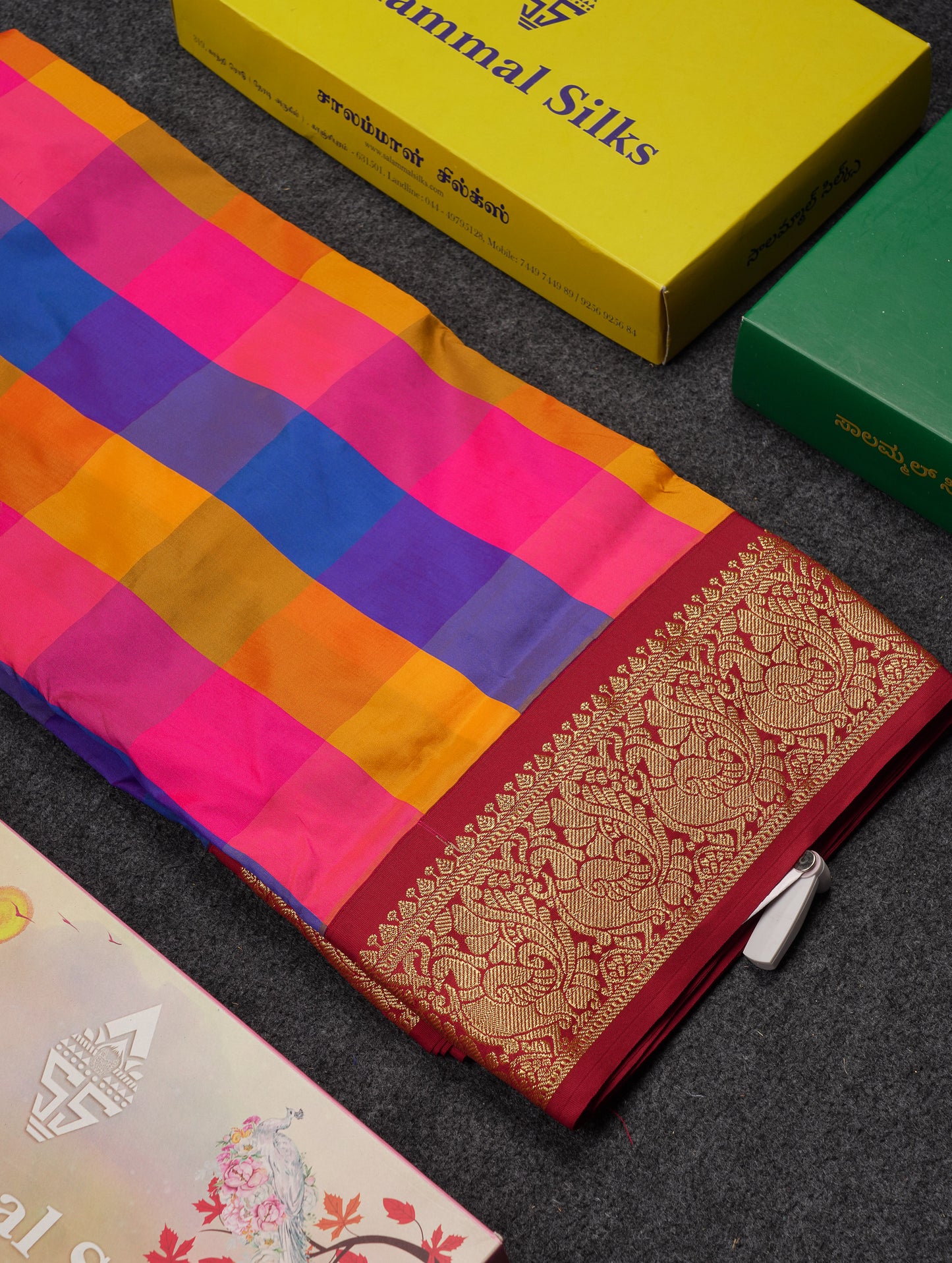 9 Yards Semi Silk Saree Paalum Pazham Checks With Contrast Maroon Traditional Border