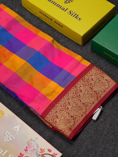 9 Yards Semi Silk Saree Paalum Pazham Checks With Contrast Maroon Traditional Border