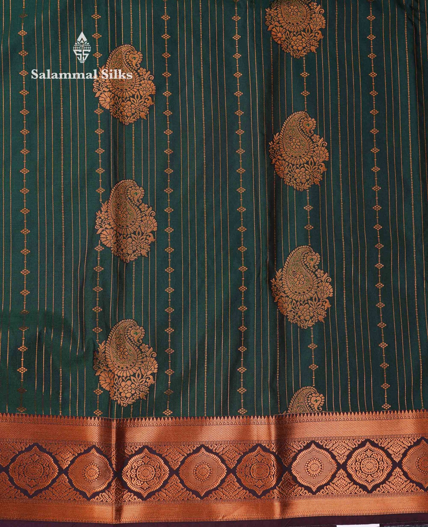 Beautiful Dark Maroon Zari Lines With Butta Semi Silk Saree With Contrast Bottle Green Traditional Border