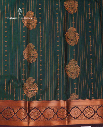 Beautiful Dark Maroon Zari Lines With Butta Semi Silk Saree With Contrast Bottle Green Traditional Border