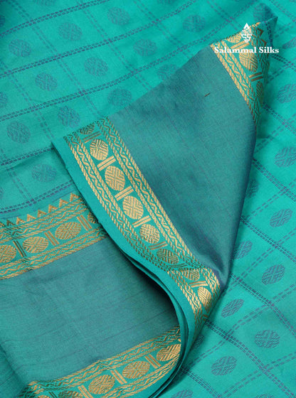 Beautiful Sapphire Green Checks With Butta Semi Silk Cotton Saree With Traditional Rettapet Border