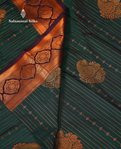 Beautiful Dark Maroon Zari Lines With Butta Semi Silk Saree With Contrast Bottle Green Traditional Border
