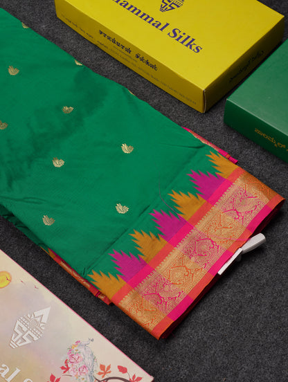 9 Yards Semi Silk Saree Orange With Contrast Green Traditional Temple Border