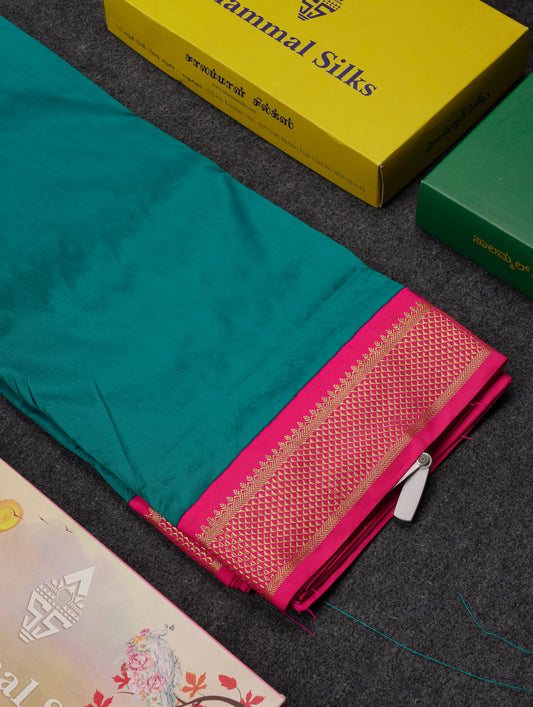 9 Yards Semi Silk Saree Peacock Green With Contrast Pink Traditional Border