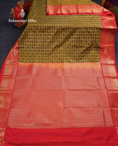 Beautiful Olive Green Checks With Zari Butta Semi Silk Saree With Contrast Red Traditional Border