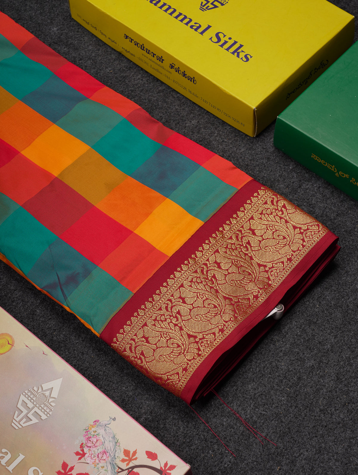 9 Yards Semi Silk Saree Paalum Pazham Checks With Contrast Maroon Traditional Border