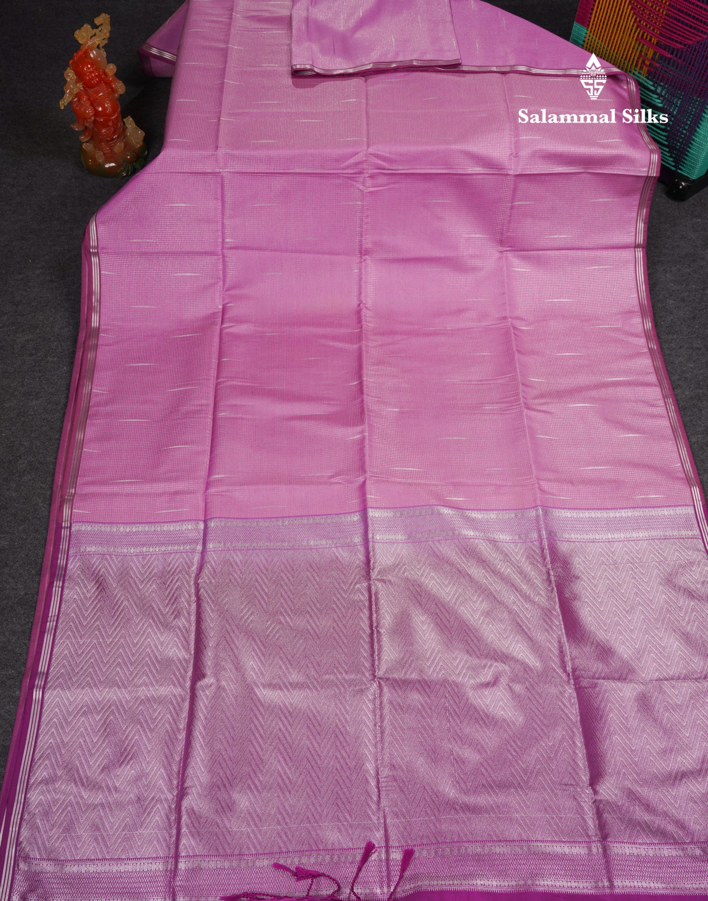 Light Pink Tiny Zari Checks With Malli Moggu Butta Semi Soft Silk Saree With Contrast Small Purple Border