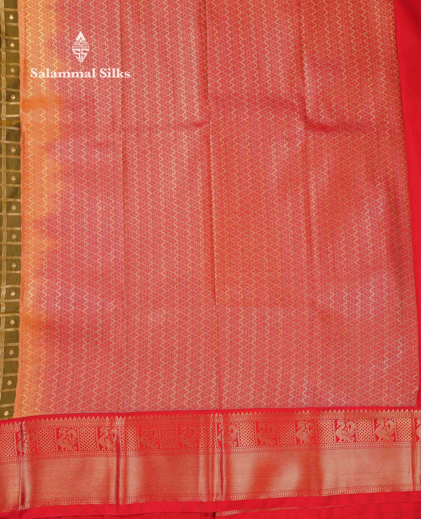 Beautiful Olive Green Checks With Zari Butta Semi Silk Saree With Contrast Red Traditional Border