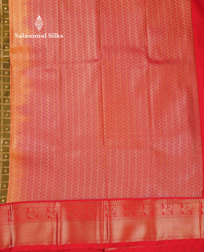 Beautiful Olive Green Checks With Zari Butta Semi Silk Saree With Contrast Red Traditional Border