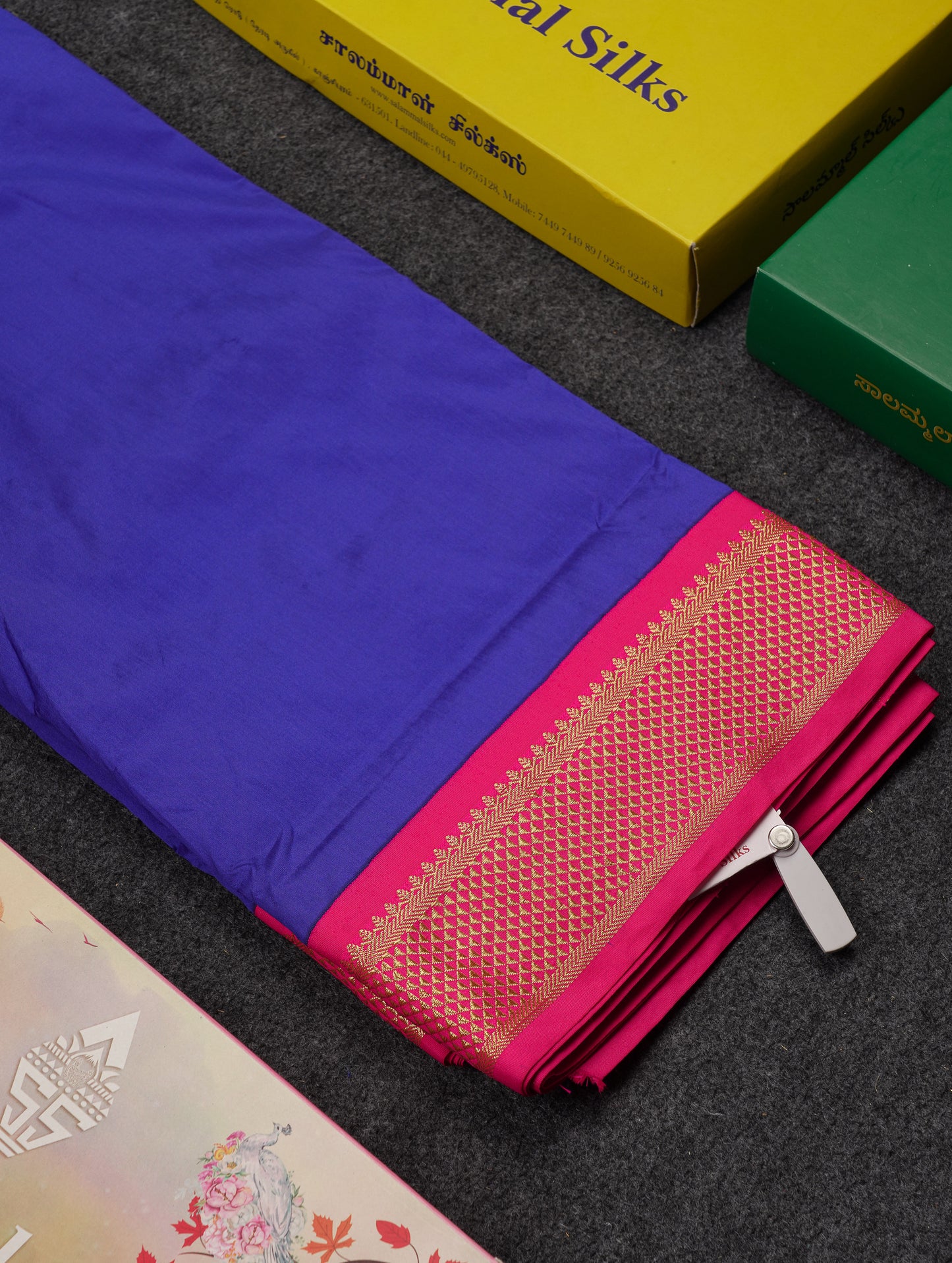 9 Yards Semi Silk Saree Peacock Green With Contrast Pink Traditional Border