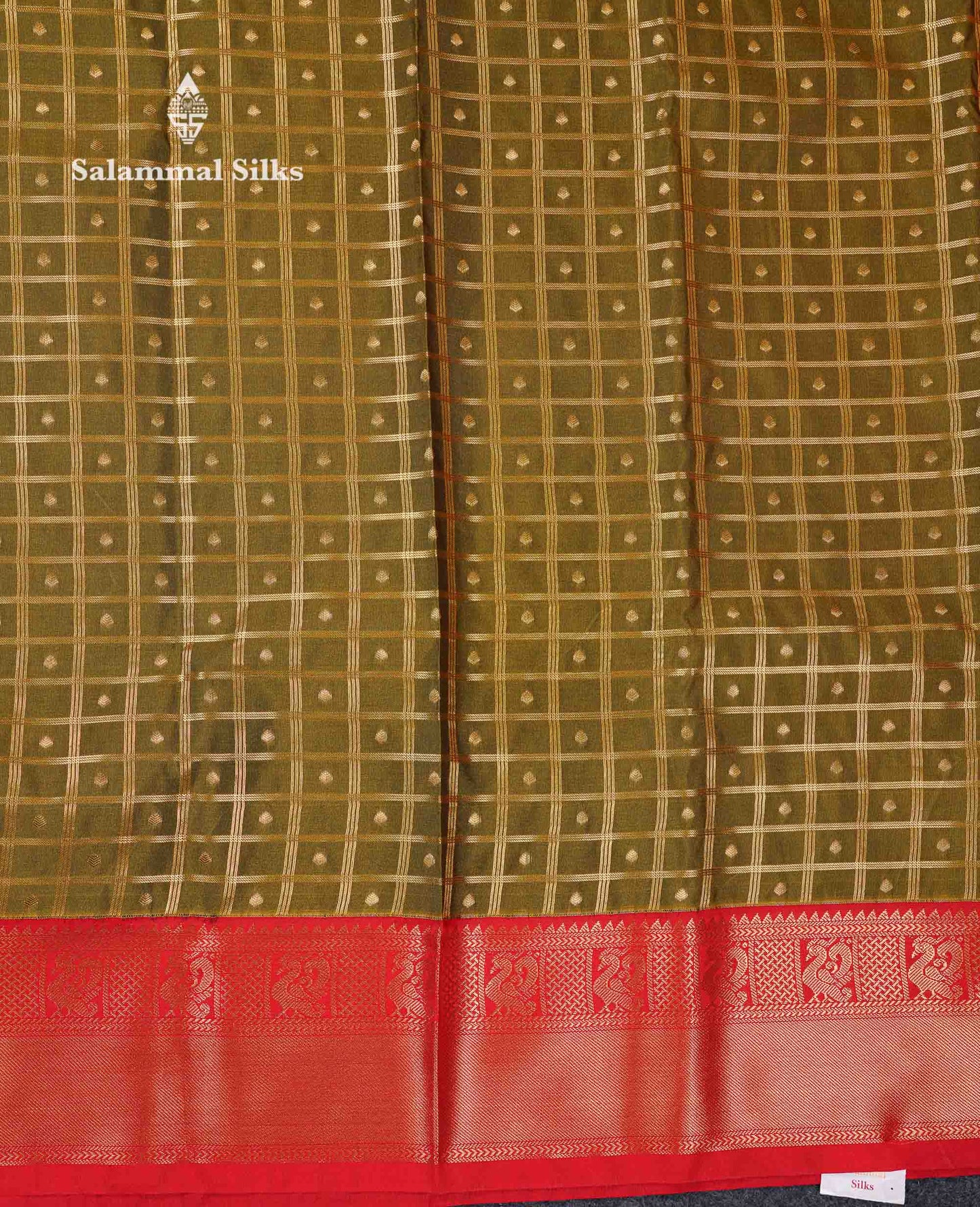 Beautiful Olive Green Checks With Zari Butta Semi Silk Saree With Contrast Red Traditional Border