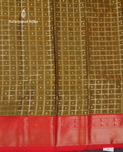 Beautiful Olive Green Checks With Zari Butta Semi Silk Saree With Contrast Red Traditional Border