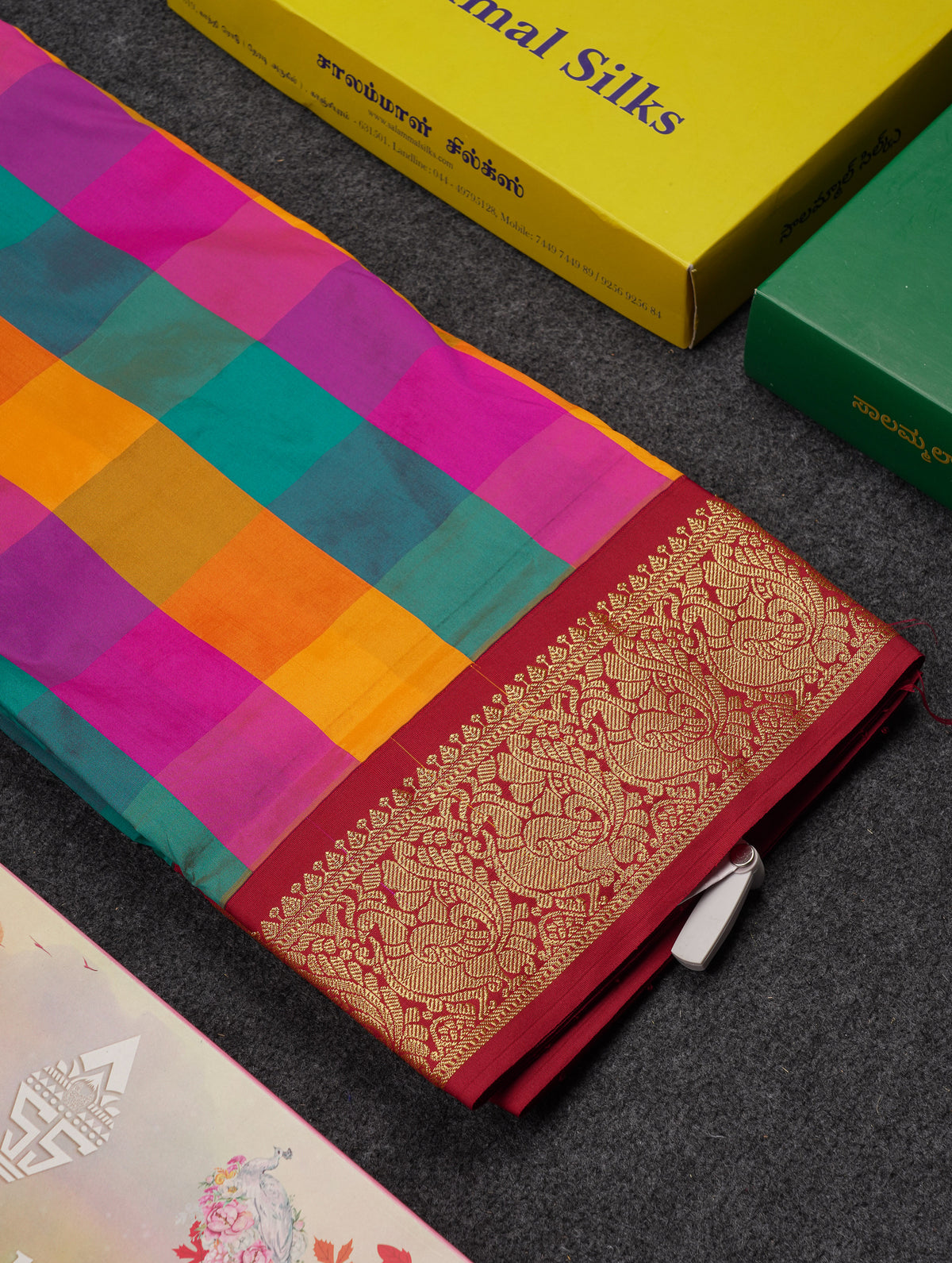 9 Yards Semi Silk Saree Paalum Pazham Checks With Contrast Maroon Traditional Border