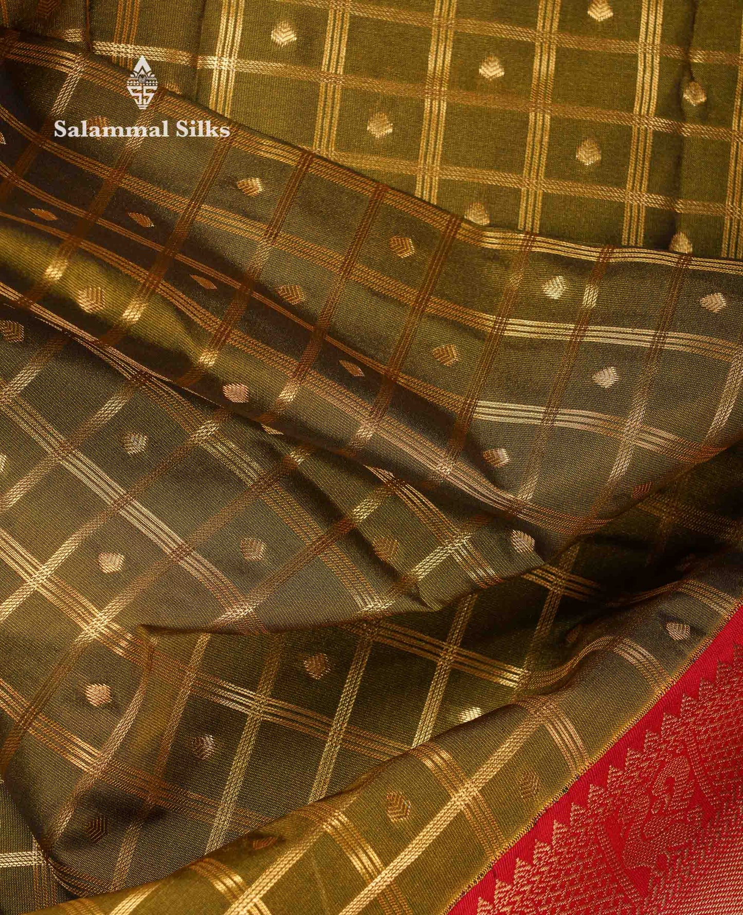 Beautiful Olive Green Checks With Zari Butta Semi Silk Saree With Contrast Red Traditional Border
