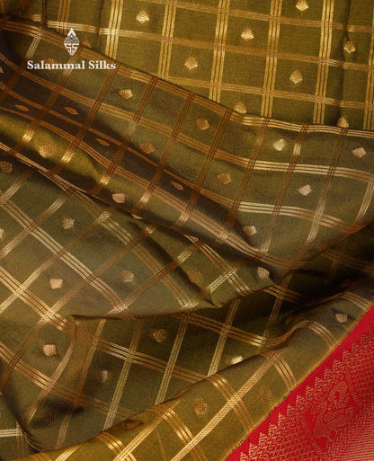 Beautiful Olive Green Checks With Zari Butta Semi Silk Saree With Contrast Red Traditional Border
