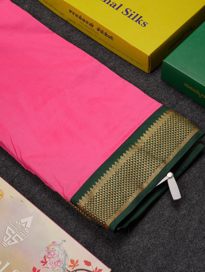 9 Yards Semi Silk Saree Peacock Green With Contrast Pink Traditional Border