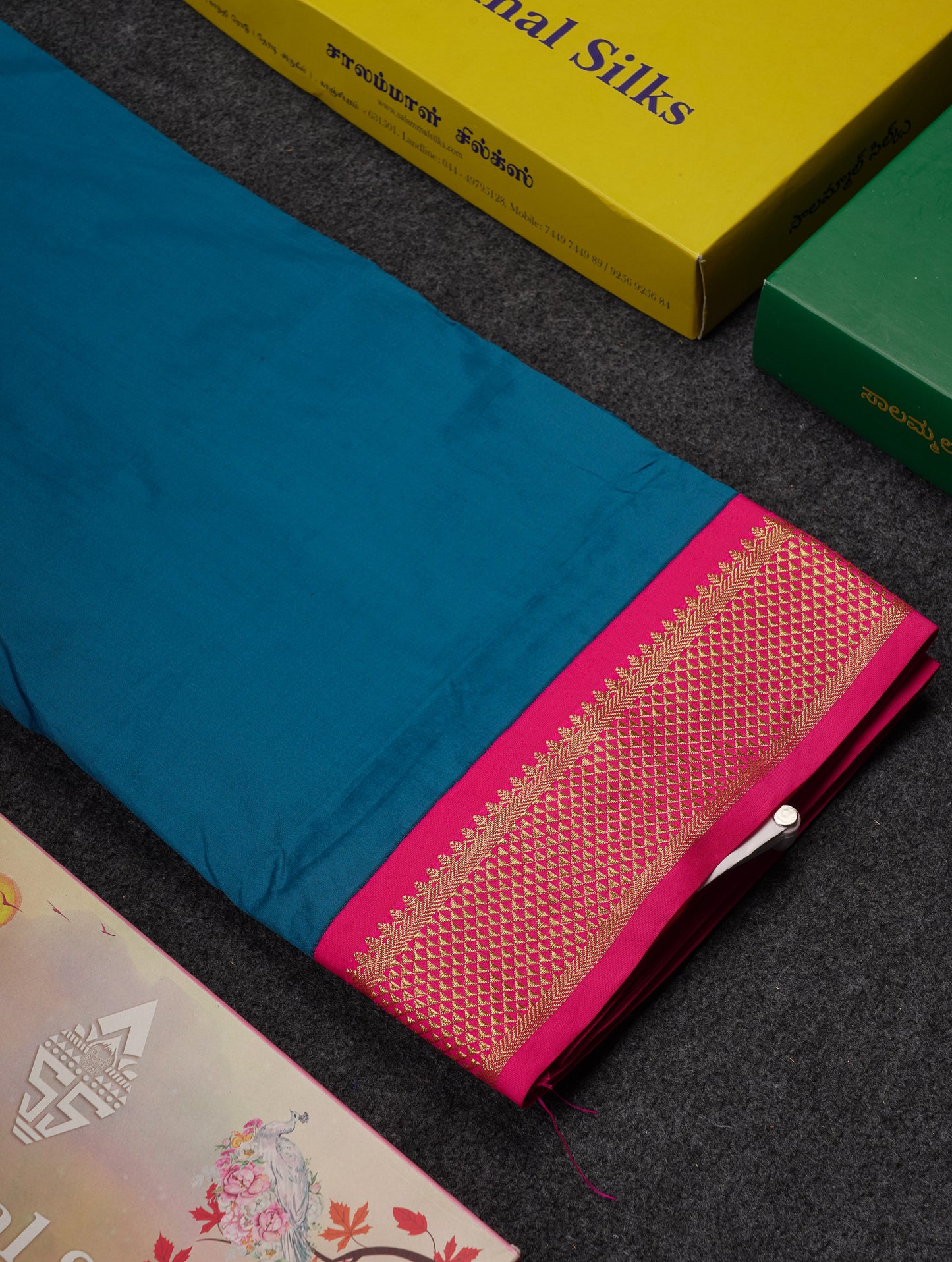 9 Yards Semi Silk Saree Peacock Green With Contrast Pink Traditional Border