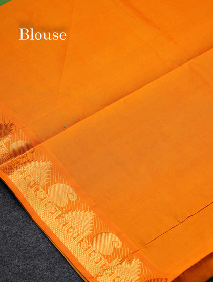 Beautiful Dual Tone Sapphire Green Plain Semi Silk Cotton Saree With Contrast Mustard Yellow Blouse