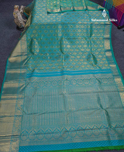 Peacock Green Pure Kanjivaram Silk Saree 3G Zari with Gold Zari Long Border