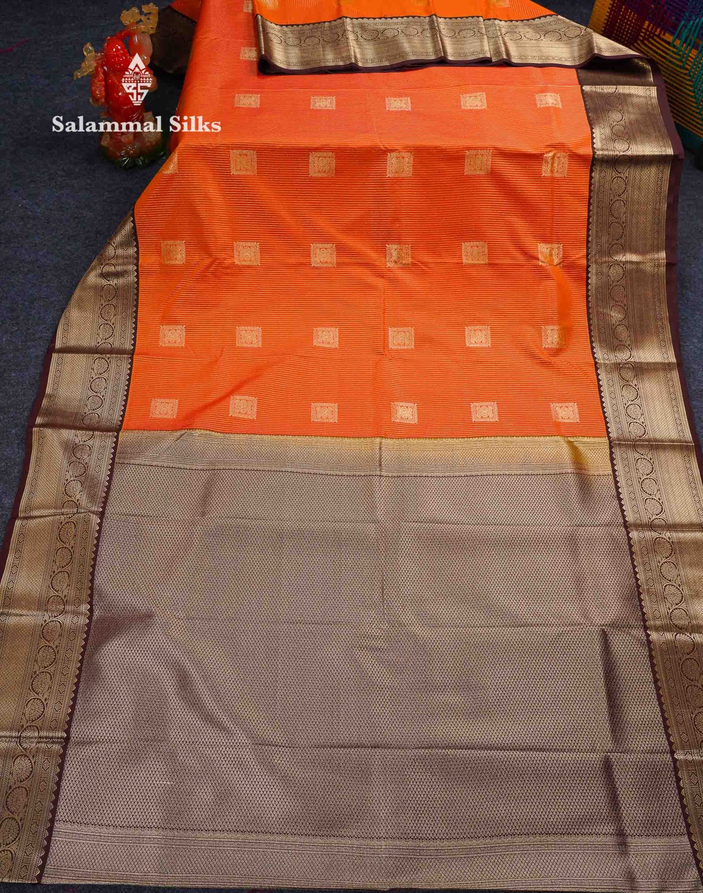 Beautiful Mustard Yellow Zari Lines With Butta Semi Silk Saree With Contrast Dark Brown Traditional Border