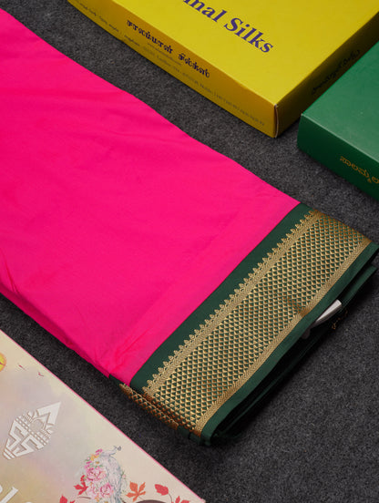 9 Yards Semi Silk Saree Peacock Green With Contrast Pink Traditional Border