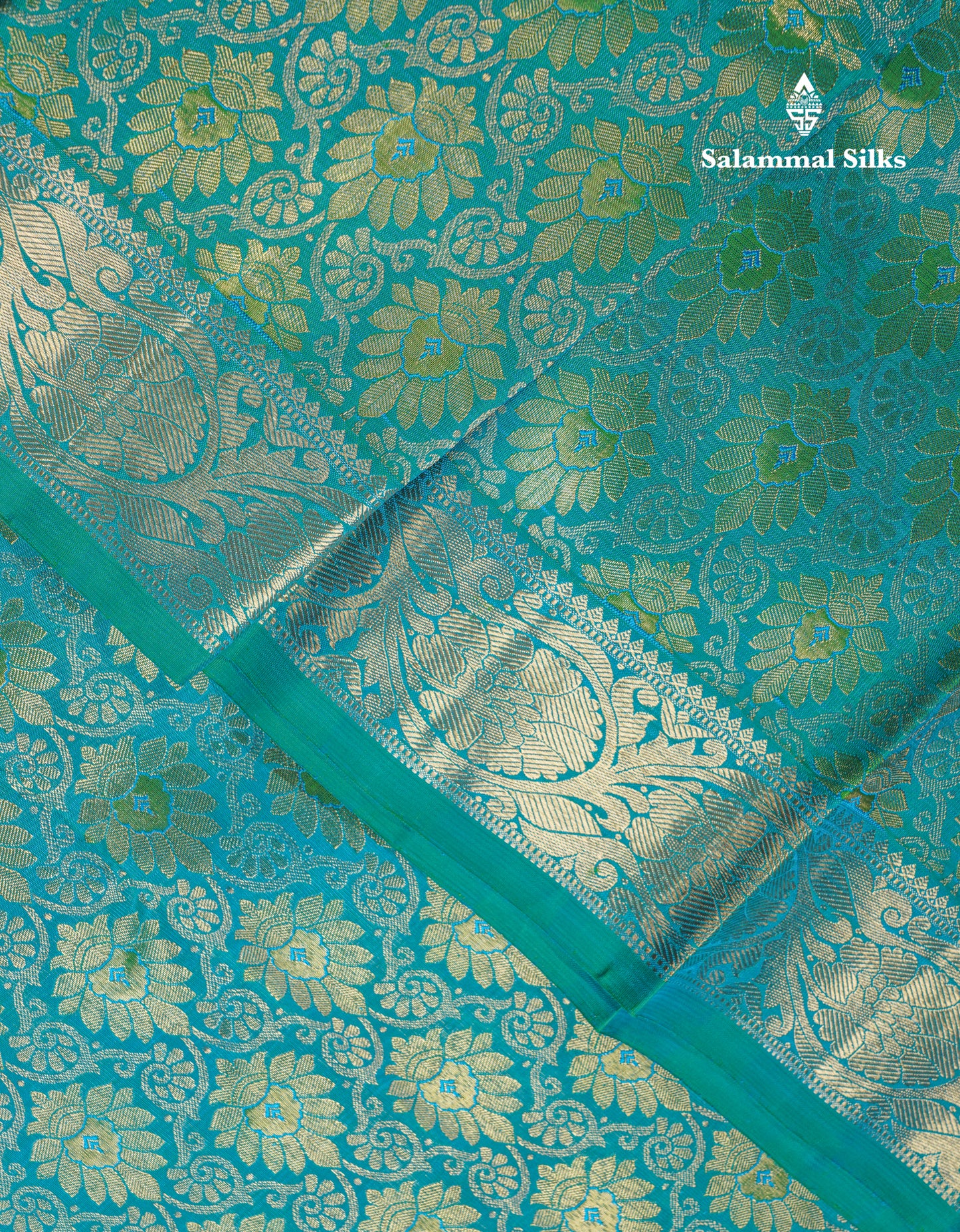 Peacock Green Pure Kanjivaram Silk Saree 3G Zari with Gold Zari Long Border