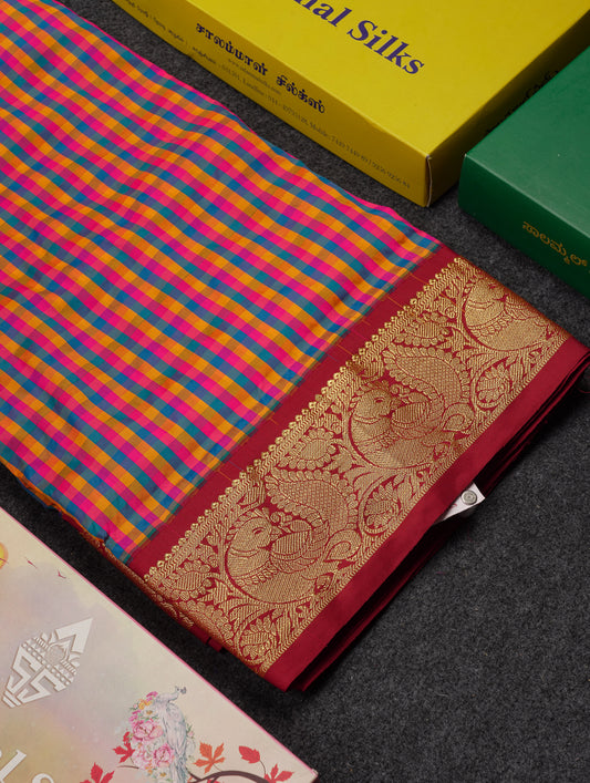10.5 Yards Semi Silk Saree Paalum Pazham Checks With Contrast Maroon Traditional Border