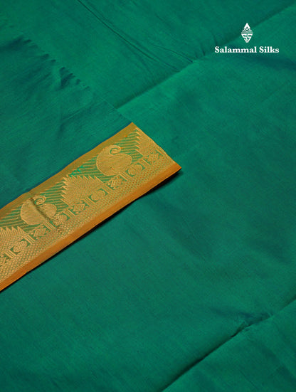 Beautiful Dual Tone Sapphire Green Plain Semi Silk Cotton Saree With Contrast Mustard Yellow Blouse
