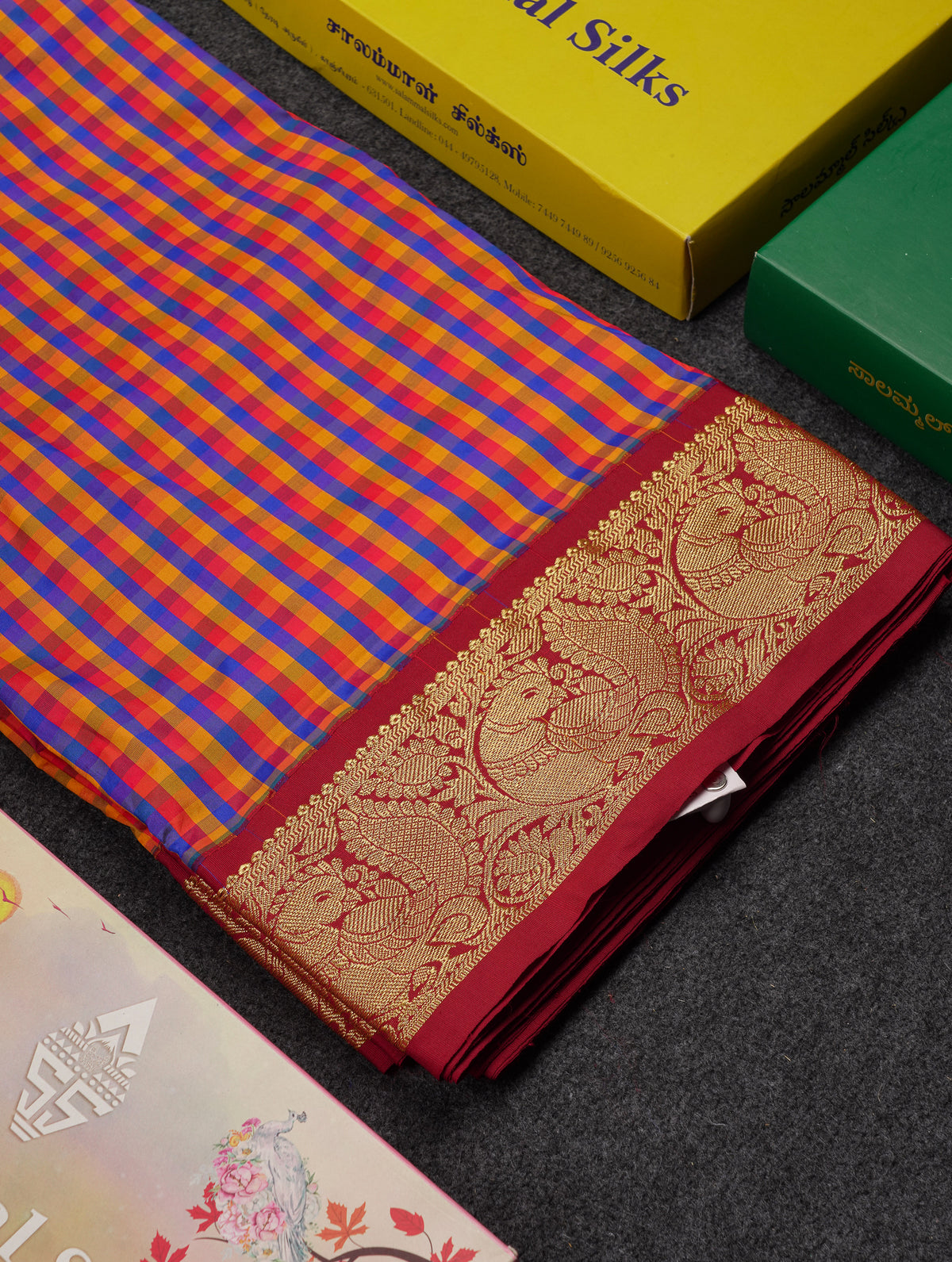 10.5 Yards Semi Silk Saree Paalum Pazham Checks With Contrast Maroon Traditional Border