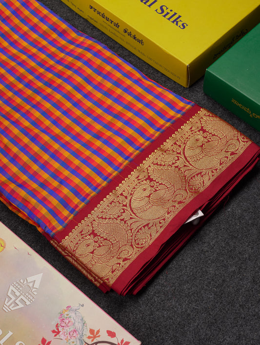 10.5 Yards Semi Silk Saree Paalum Pazham Checks With Contrast Maroon Traditional Border