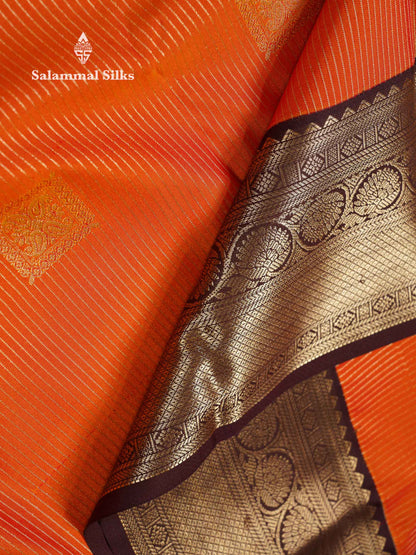 Beautiful Mustard Yellow Zari Lines With Butta Semi Silk Saree With Contrast Dark Brown Traditional Border