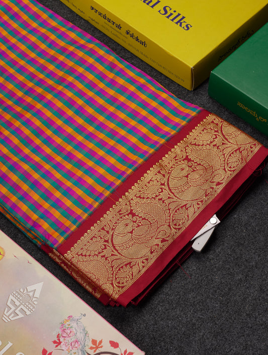 10.5 Yards Semi Silk Saree Paalum Pazham Checks With Contrast Maroon Traditional Border