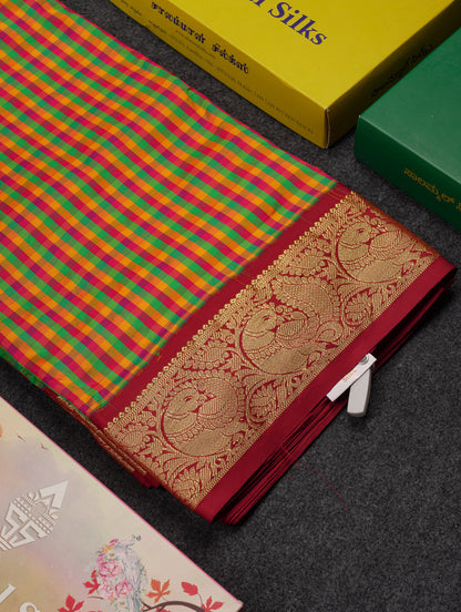 10.5 Yards Semi Silk Saree Paalum Pazham Checks With Contrast Maroon Traditional Border
