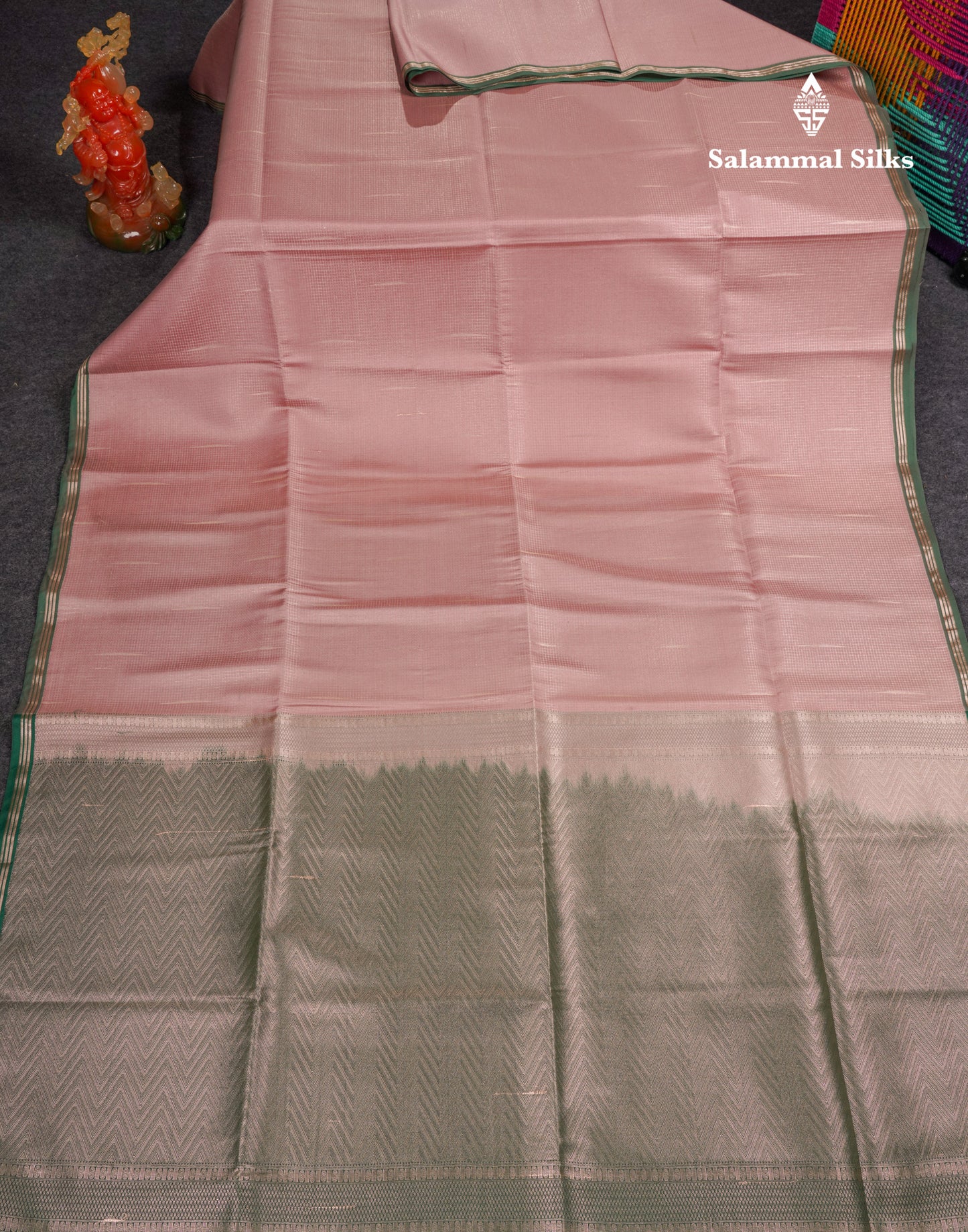 Light Pink Tiny Zari Checks With Malli Moggu Butta Semi Soft Silk Saree With Contrast Small Purple Border