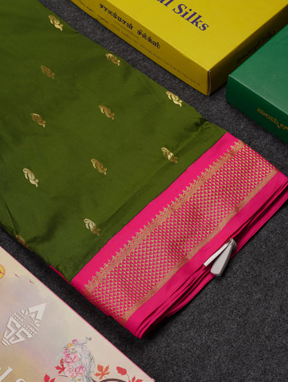 10 Yards Art Silk Saree Royal Blue with Contrast Pink Traditional Border