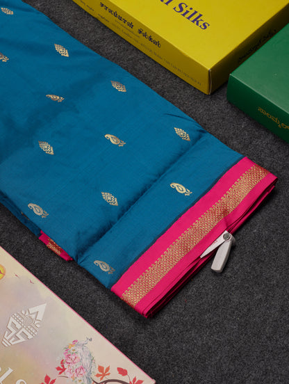 9 Yards Semi Silk Saree Peacock Green With Contrast Pink Traditional Small Border