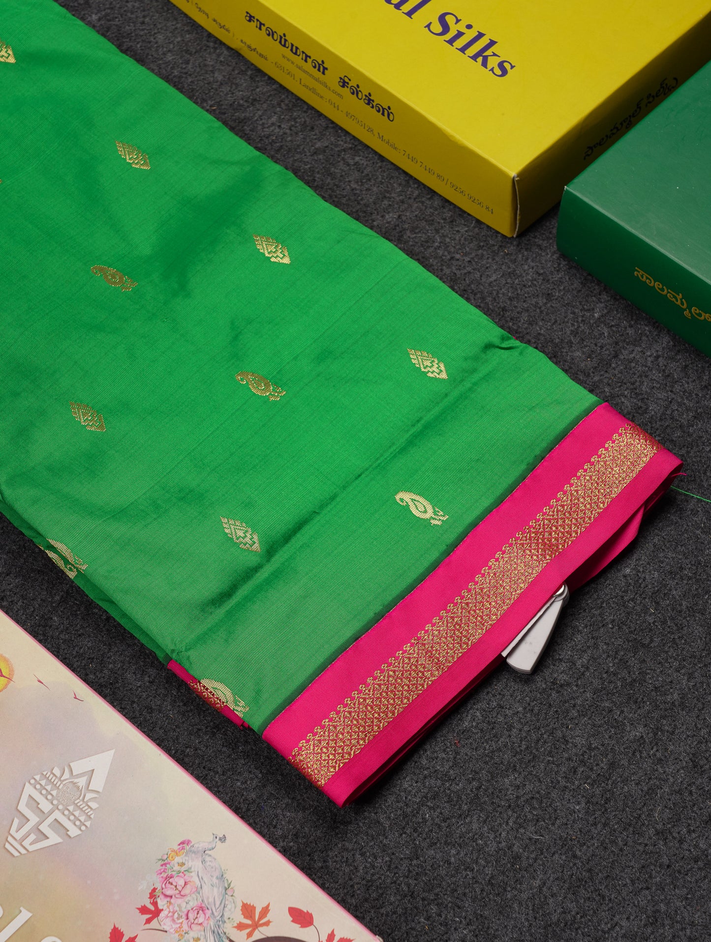 9 Yards Semi Silk Saree Peacock Green With Contrast Pink Traditional Small Border