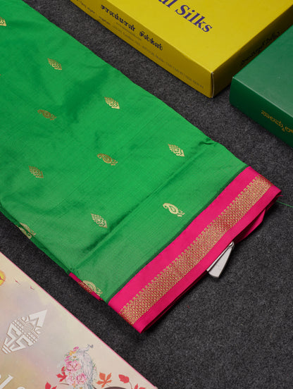 9 Yards Semi Silk Saree Peacock Green With Contrast Pink Traditional Small Border