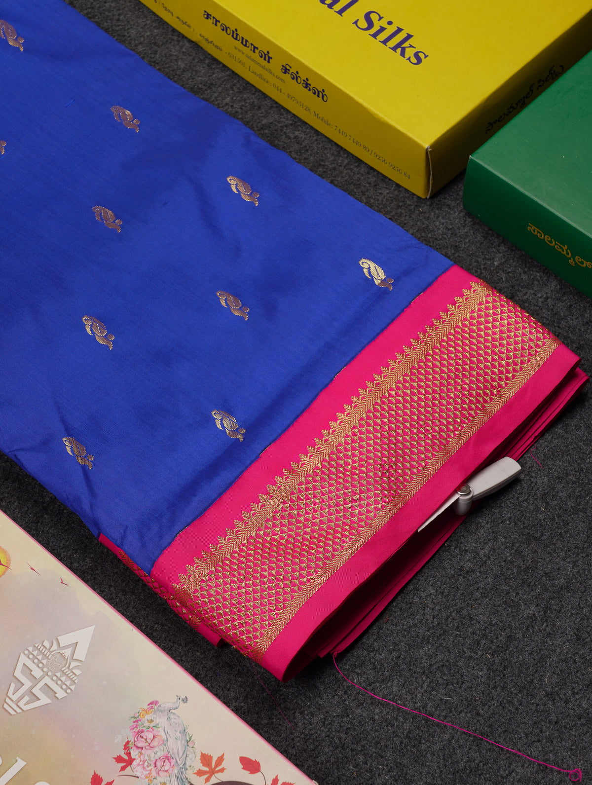 10 Yards Art Silk Saree Royal Blue with Contrast Pink Traditional Border