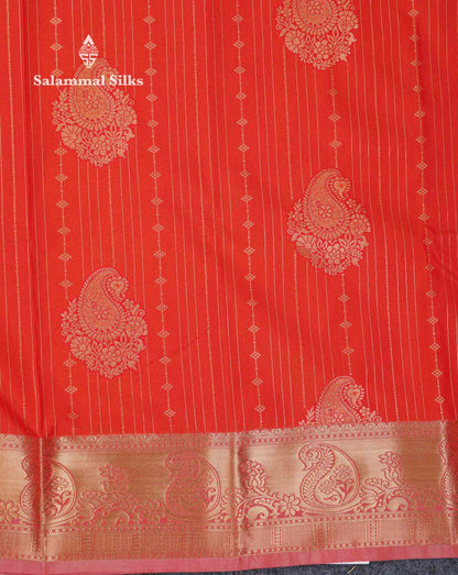 Beautiful Dark Maroon Zari Lines With Butta Semi Silk Saree With Contrast Bottle Green Traditional Border