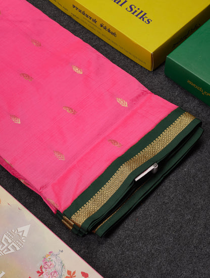 9 Yards Semi Silk Saree Peacock Green With Contrast Pink Traditional Small Border