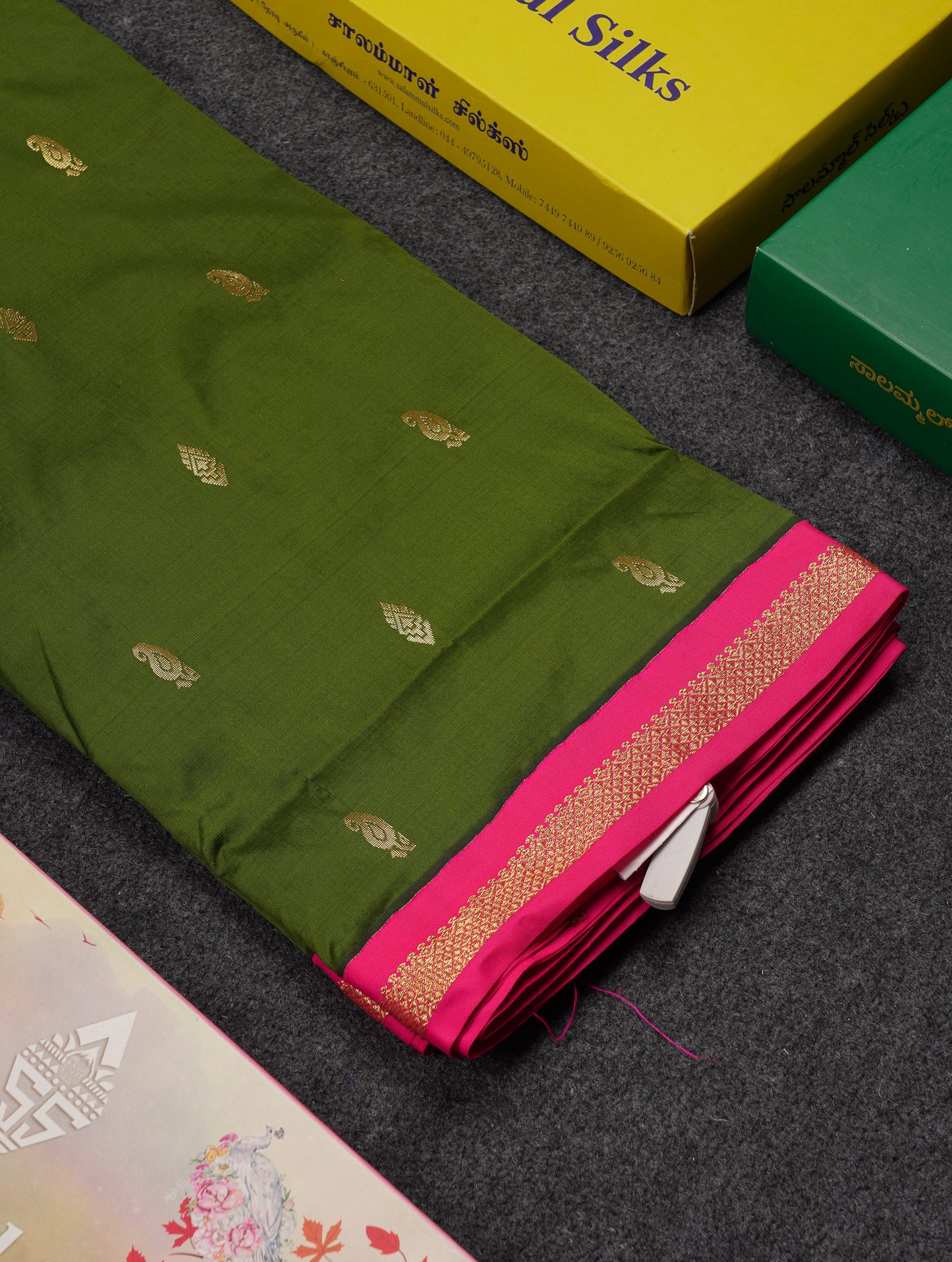 9 Yards Semi Silk Saree Peacock Green With Contrast Pink Traditional Small Border