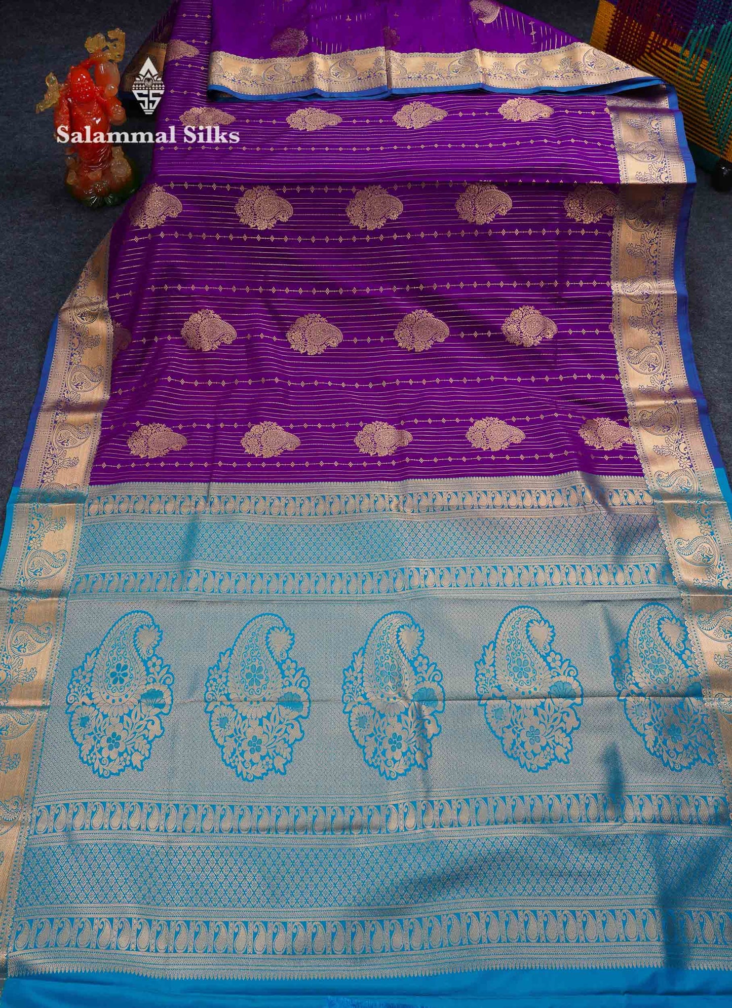 Beautiful Dark Maroon Zari Lines With Butta Semi Silk Saree With Contrast Bottle Green Traditional Border