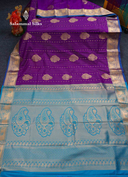 Beautiful Dark Maroon Zari Lines With Butta Semi Silk Saree With Contrast Bottle Green Traditional Border